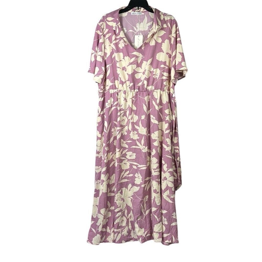 Keluummi Dress Womens 20 Plus Floral Maxi Short Sleeve Tie Waist Collared Purple